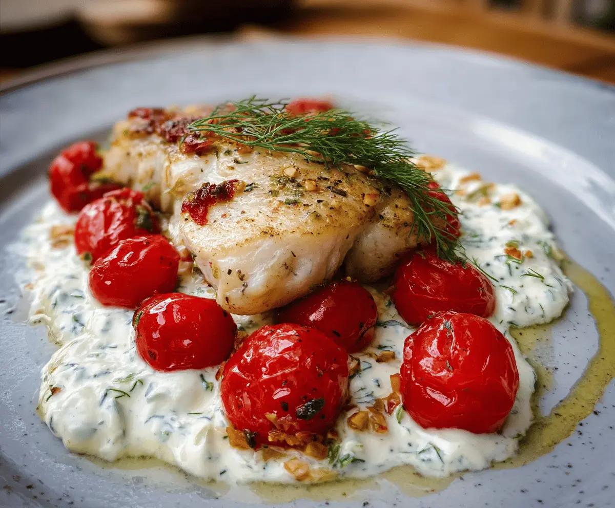 Easy Grilled Cod with Roasted Tomatoes and Dill Sauce