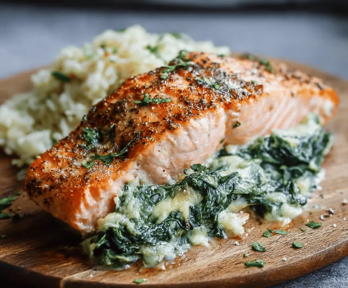 Healthy Blackened Salmon Stuffed With Spinach & Parmesan