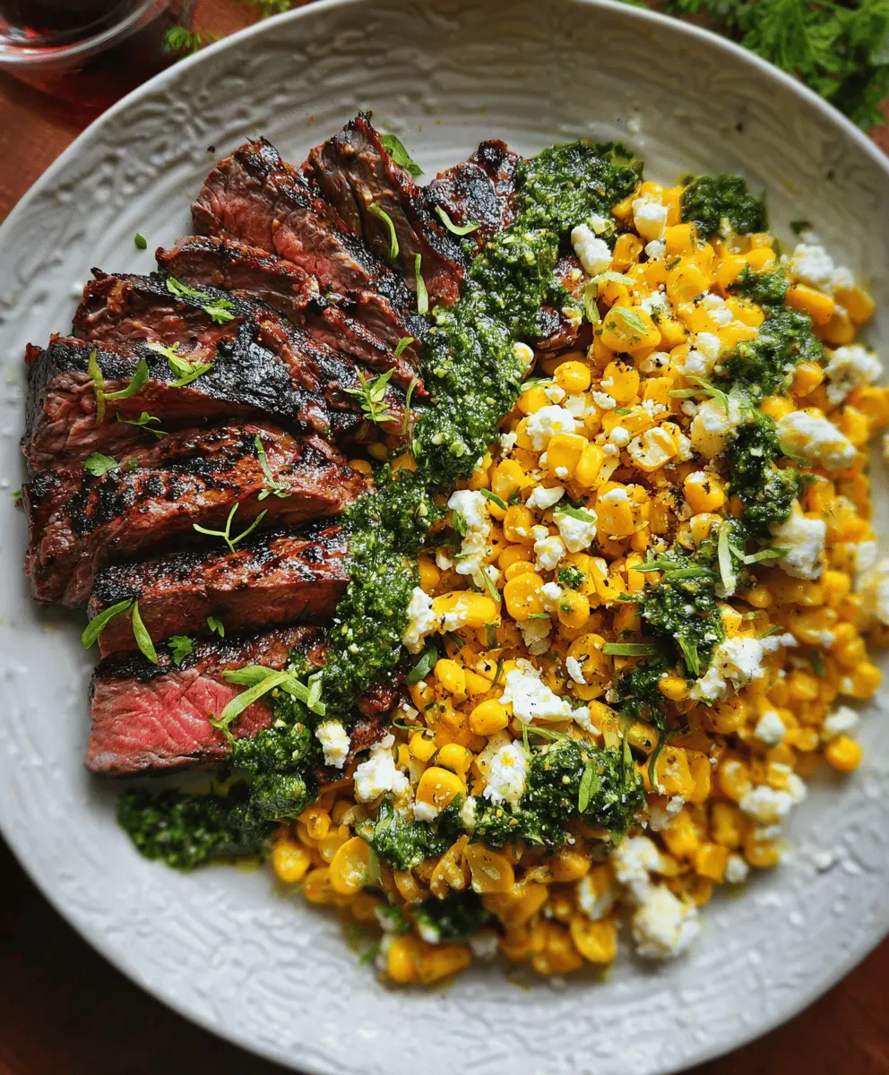 Easy Flank Steak with Corn, Feta & Spinach Sauce