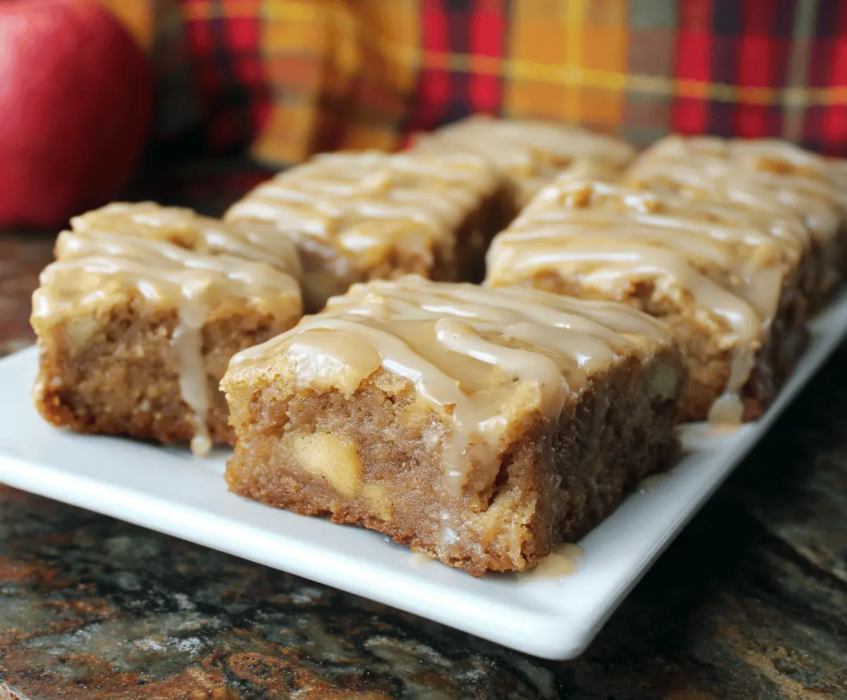 Delicious Apple Brownies topped with a glossy Maple Glaze, served on a white plate with fresh apple slices in the background