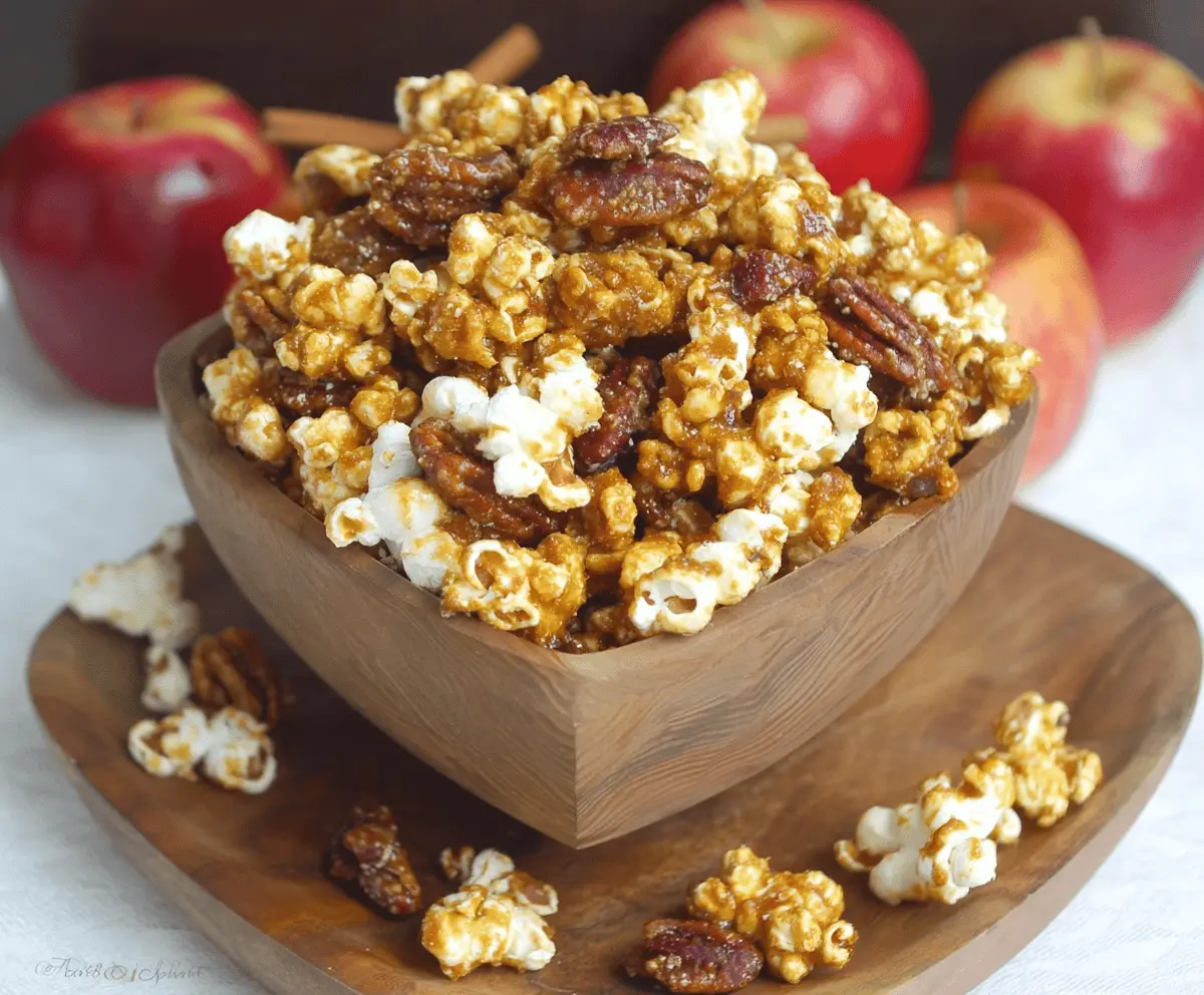 Sweet and savory Apple Pie Bourbon Popcorn in a bowl, featuring caramel-coated popcorn with apple pie spices and a splash of bourbon flavor