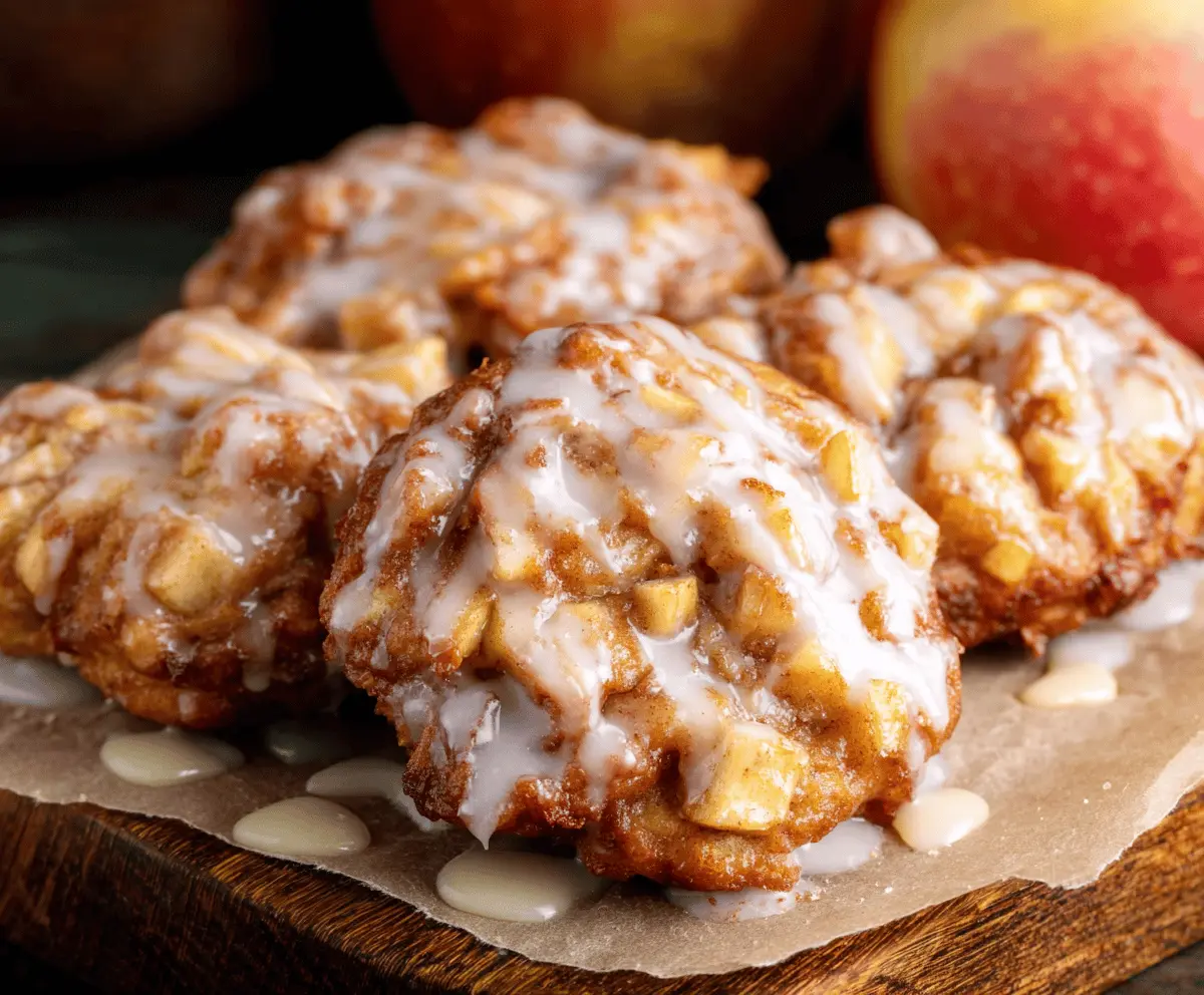 Golden baked apple fritters dusted with powdered sugar, served on a plate with a crispy exterior and tender apple filling, perfect for a delicious breakfast or dessert.
