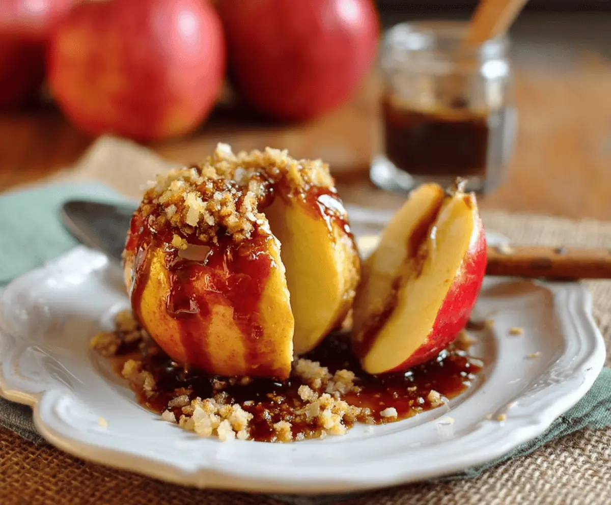 Delicious baked apples topped with cinnamon and caramel, served as a warm, healthy dessert