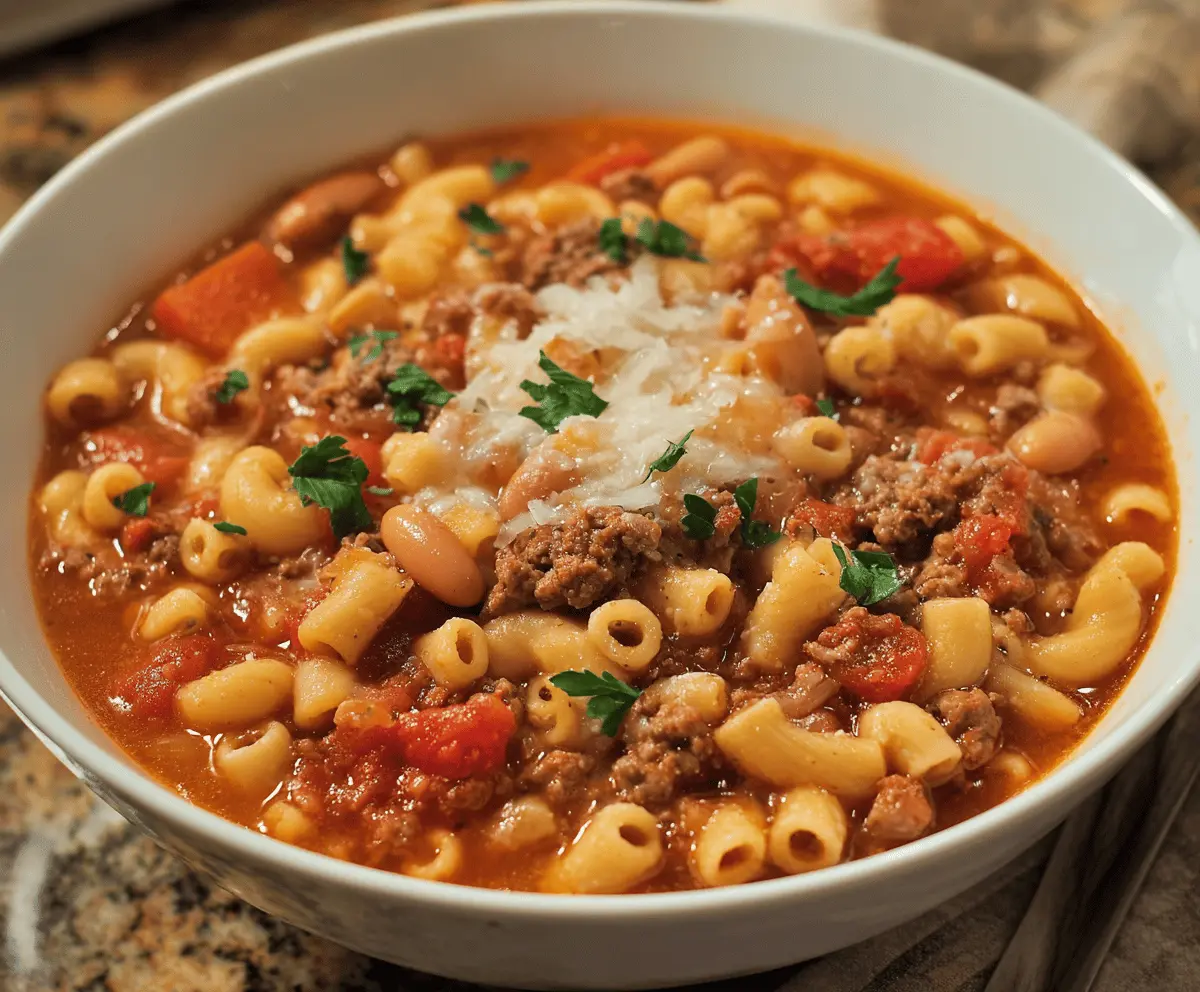 A bowl of homemade Barefoot Contessa Pasta Fagioli soup garnished with fresh herbs and Parmesan cheese, served in a rustic white bowl.