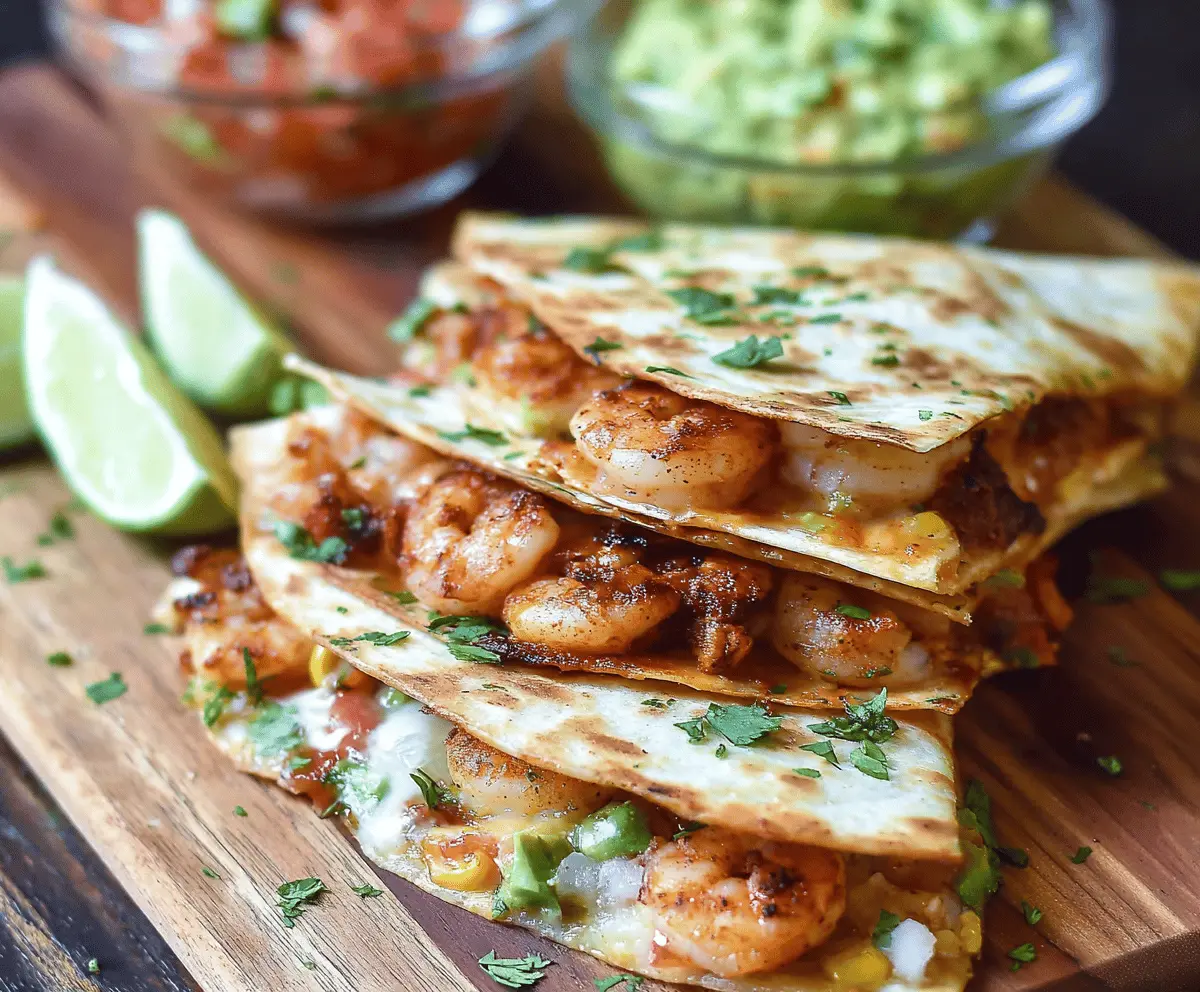 Delicious blackened shrimp quesadilla filled with melted cheese and fresh ingredients, served hot on a plate.