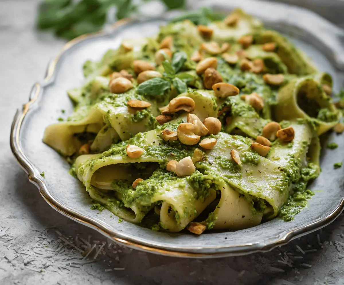 Creamy broad bean pesto pasta sheets topped with fresh basil and chopped hazelnuts, served on a white plate for a flavorful vegetarian meal.