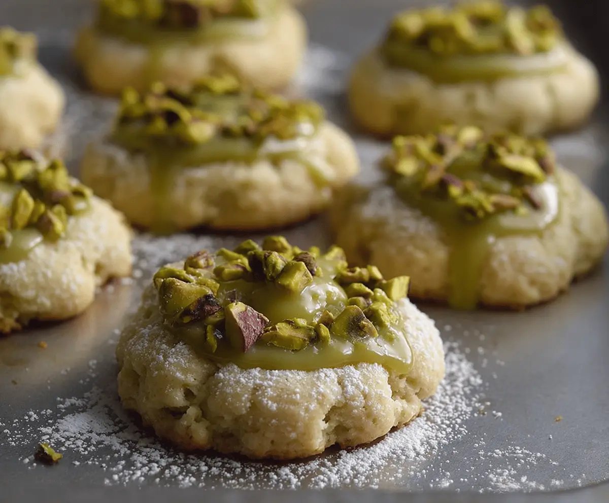 Delicious buttery pistachio thumbprint cookies topped with green pistachio nuts on a white plate