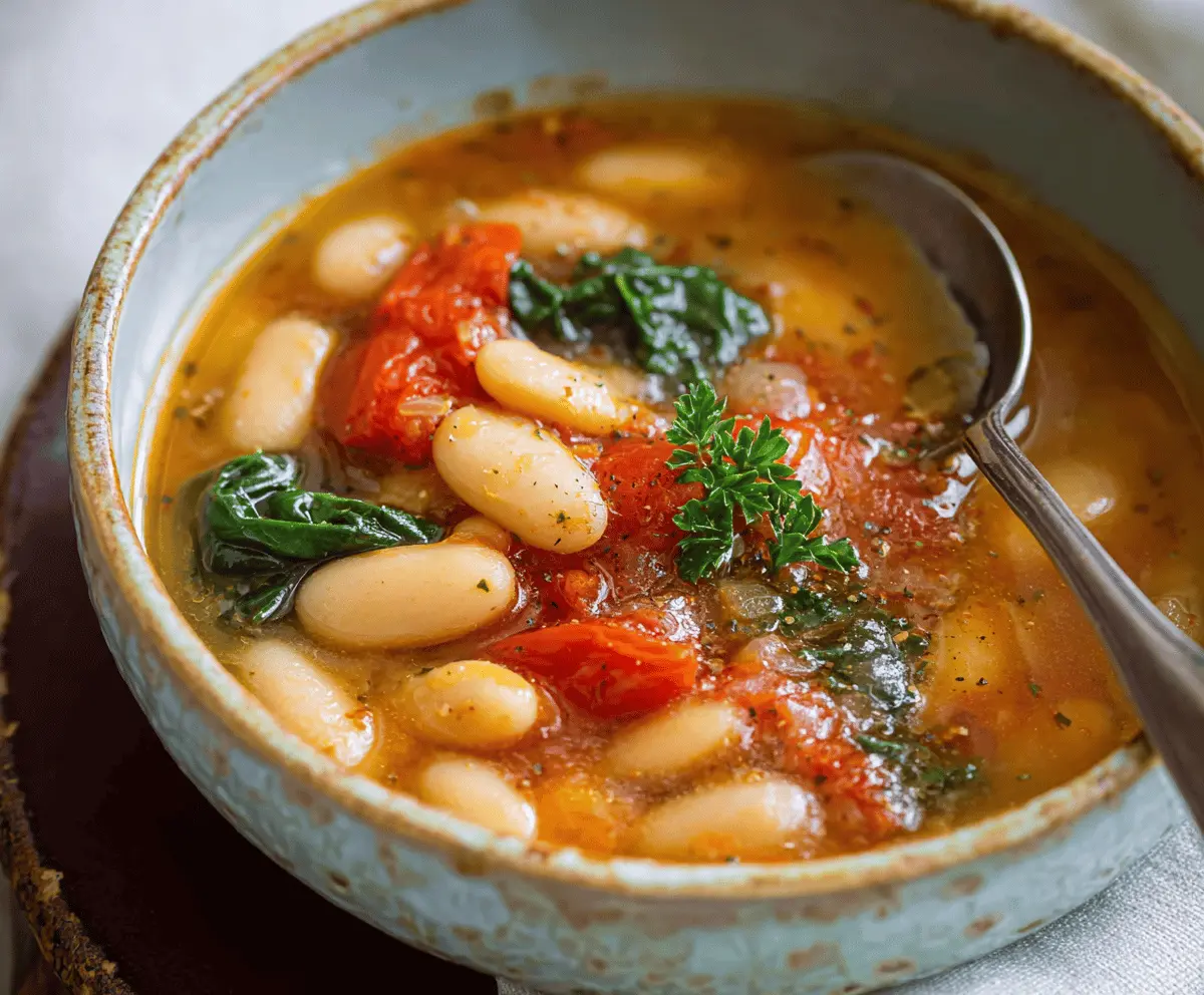 A steaming bowl of hearty cannellini bean soup garnished with fresh herbs and served with crusty bread on the side.