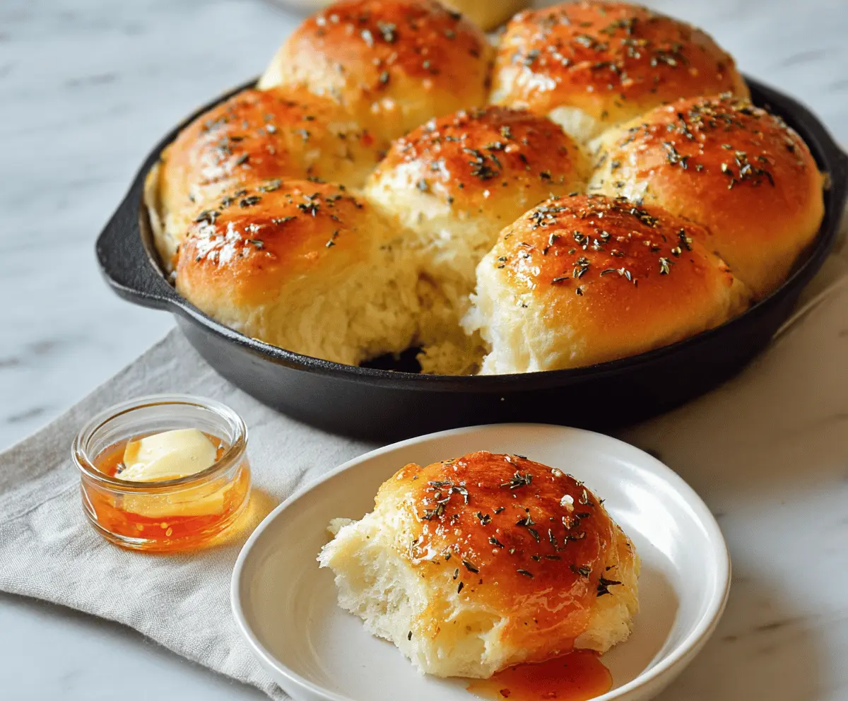Golden-brown cast iron skillet dinner rolls fresh out of the oven, perfect for sharing
