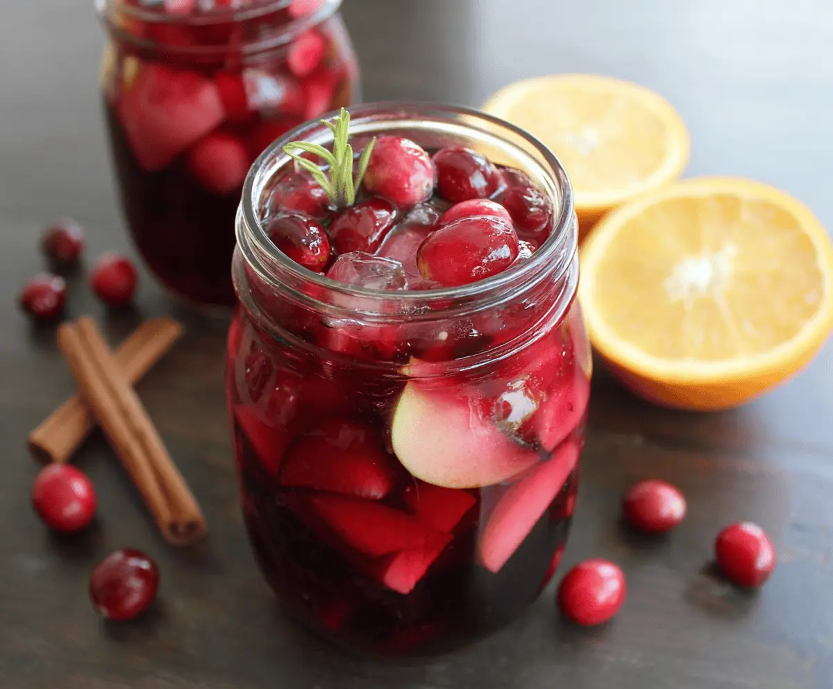 Refreshing Cranberry Apple Sangria in a glass garnished with fresh fruit slices and ice, perfect for holiday gatherings