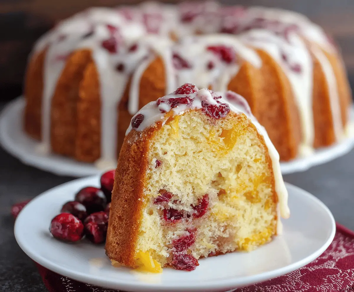 Delicious Cranberry Orange Bundt Cake topped with fresh cranberries and orange zest, ready to serve