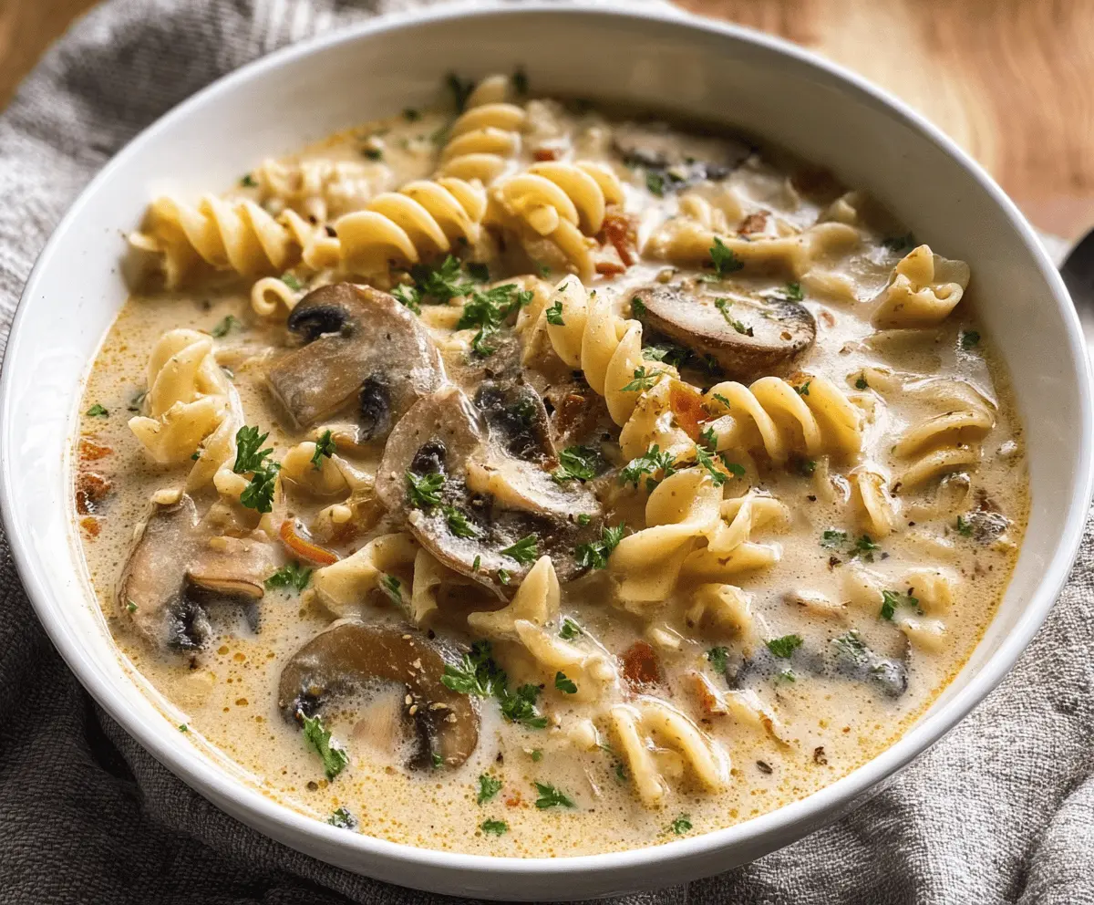 Creamy mushroom pasta soup topped with fresh herbs and grated cheese in a rustic bowl, served with crusty bread