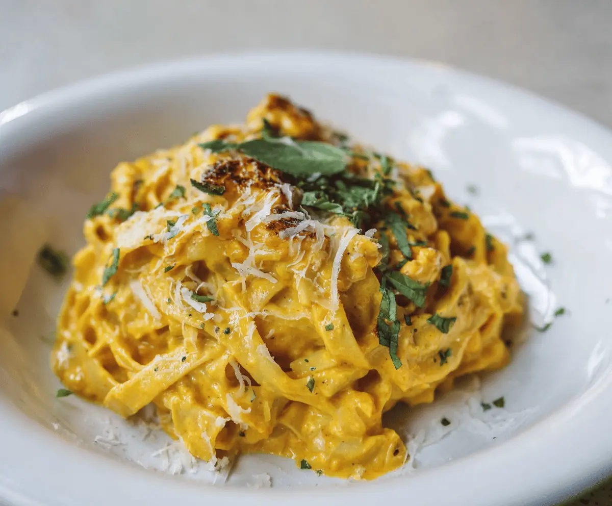 Creamy pumpkin fettuccine pasta topped with fresh herbs and grated cheese on a white plate, perfect for fall-inspired vegetarian dinner