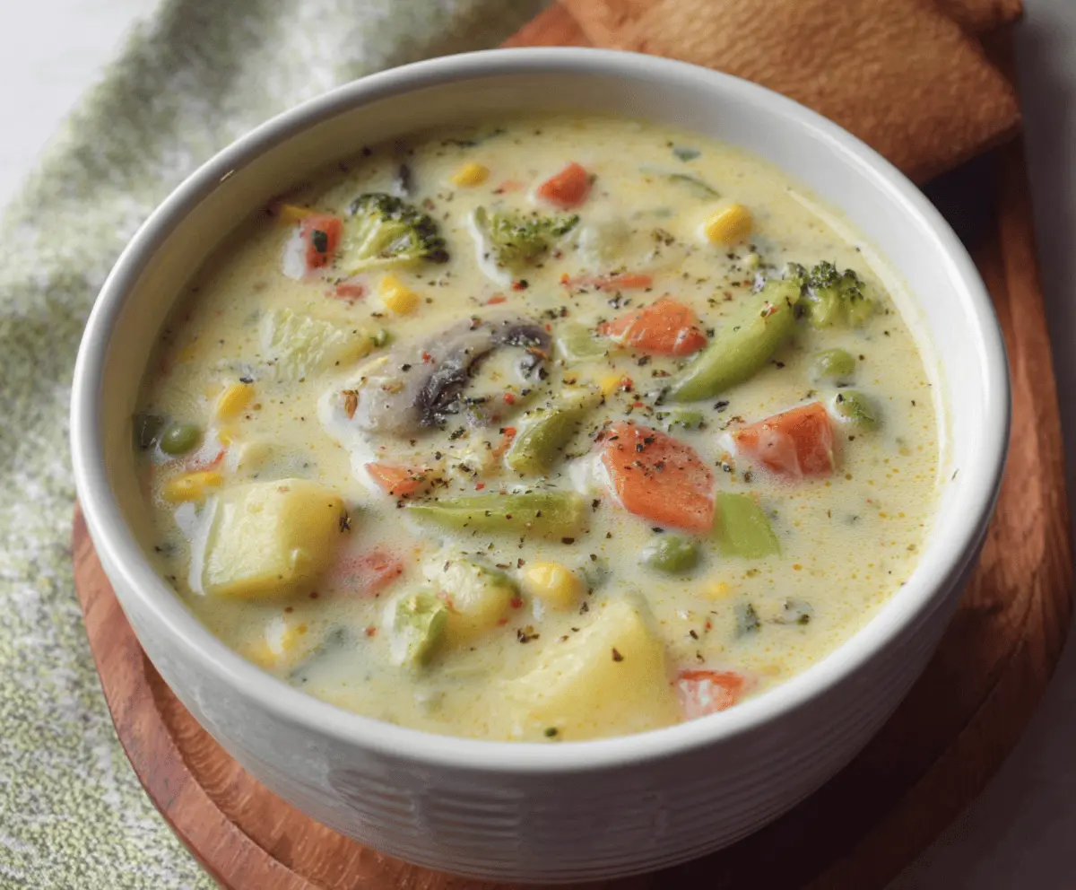 Creamy Vegetable Soup in a bowl with herbs