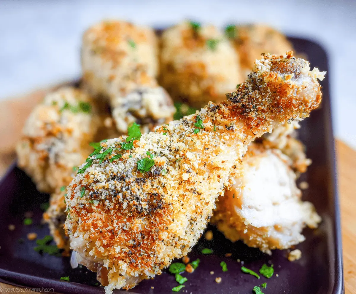 Crispy baked breaded chicken drumsticks served on a plate with fresh vegetables