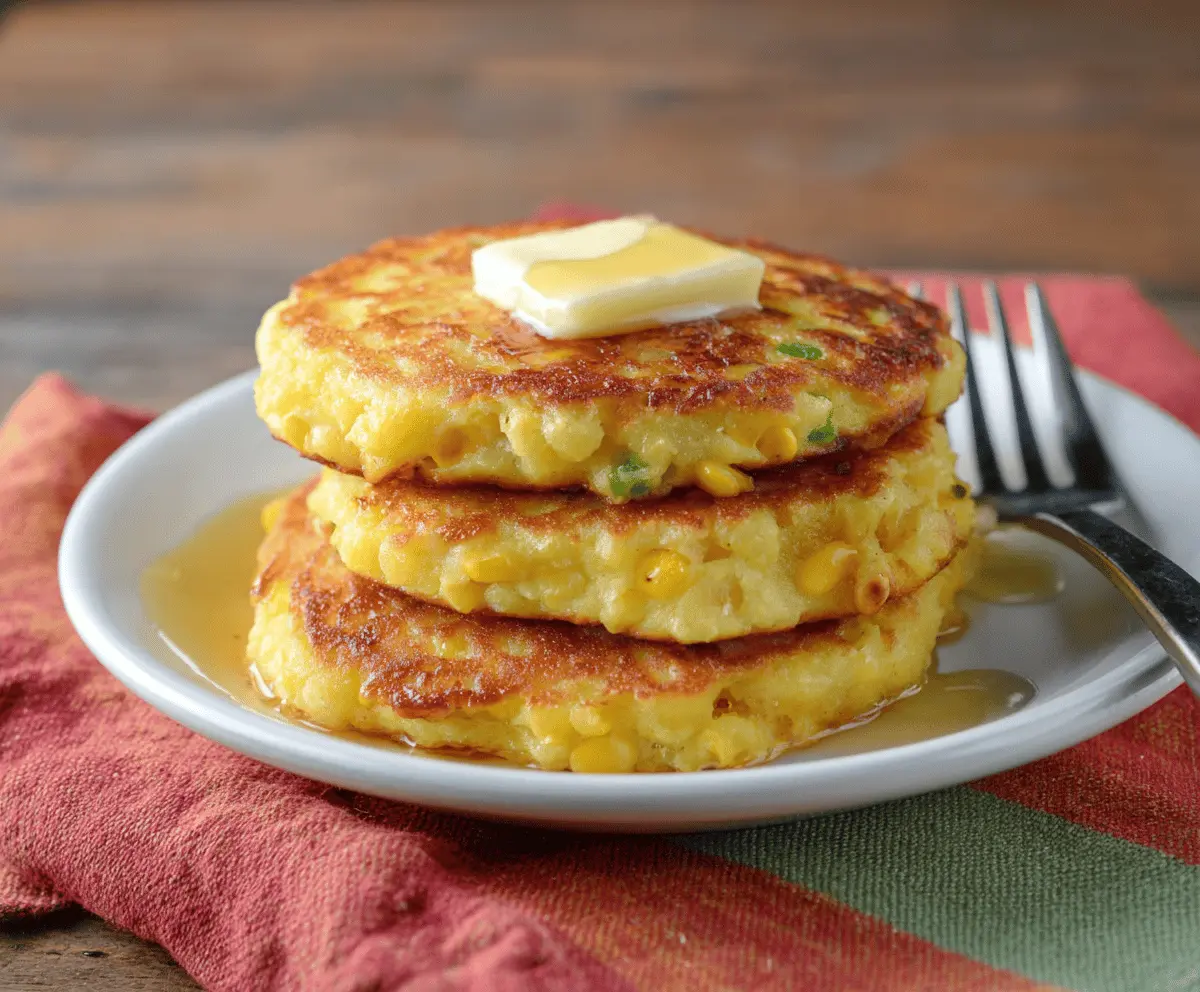 Delicious homemade griddle corn cakes stacked on a plate, golden brown and crispy, perfect for a quick and easy breakfast or snack.
