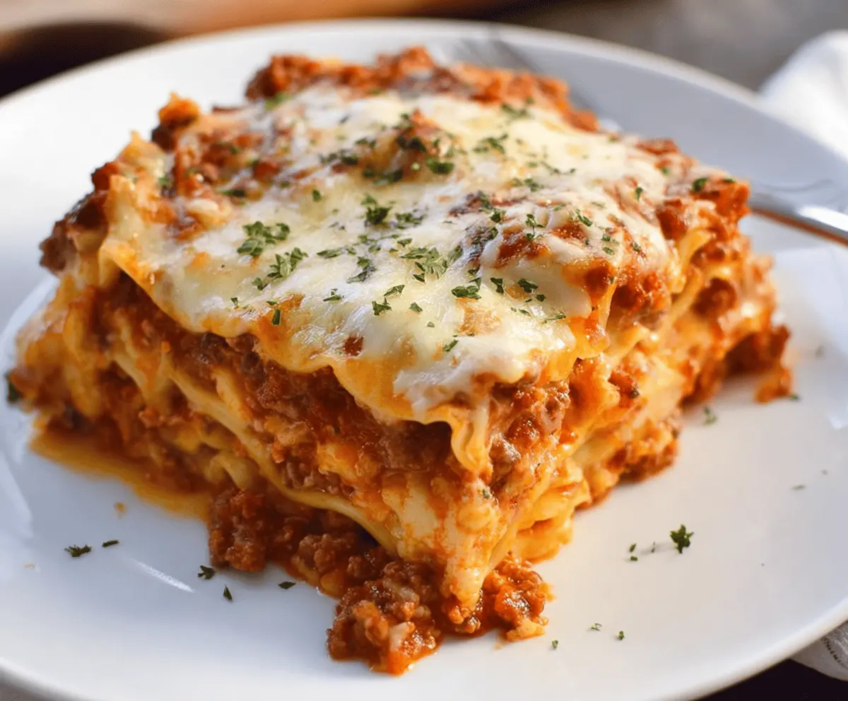 Delicious homemade lasagna with melted cheese, rich tomato sauce, and layers of pasta, perfect for a comforting Italian meal.