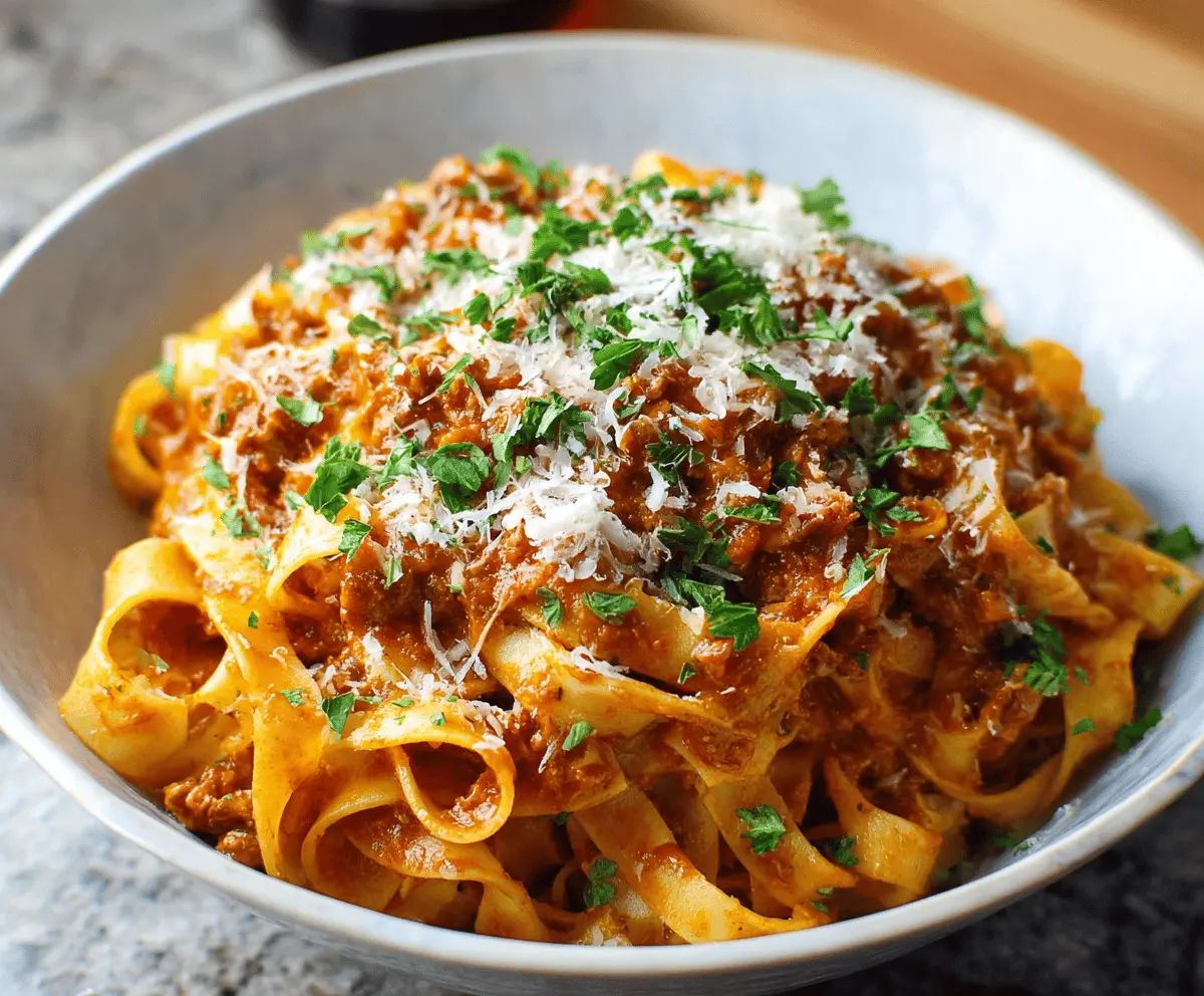 Creamy pumpkin ragu pasta sauce in a bowl topped with fresh herbs, perfect for a comforting fall meal.