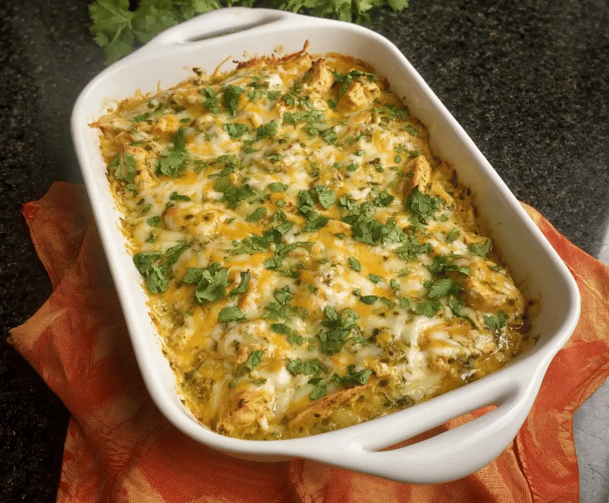 Delicious Green Chili Chicken Bake topped with melted cheese and fresh cilantro, served hot on a plate.