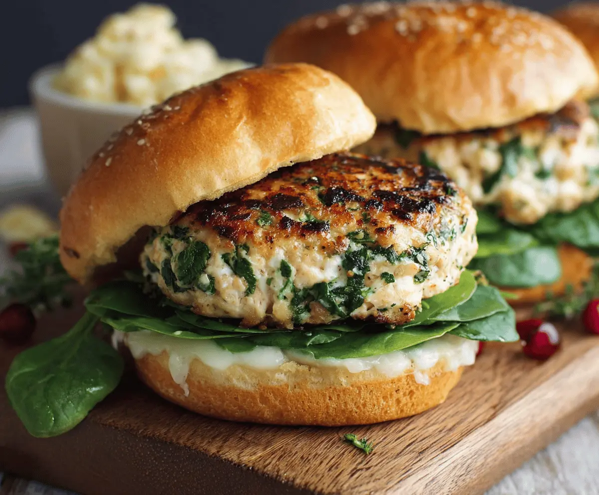 Healthy white cheddar spinach chicken burger on a bun with fresh vegetables and a side of fries, showcasing a nutritious and delicious homemade meal.