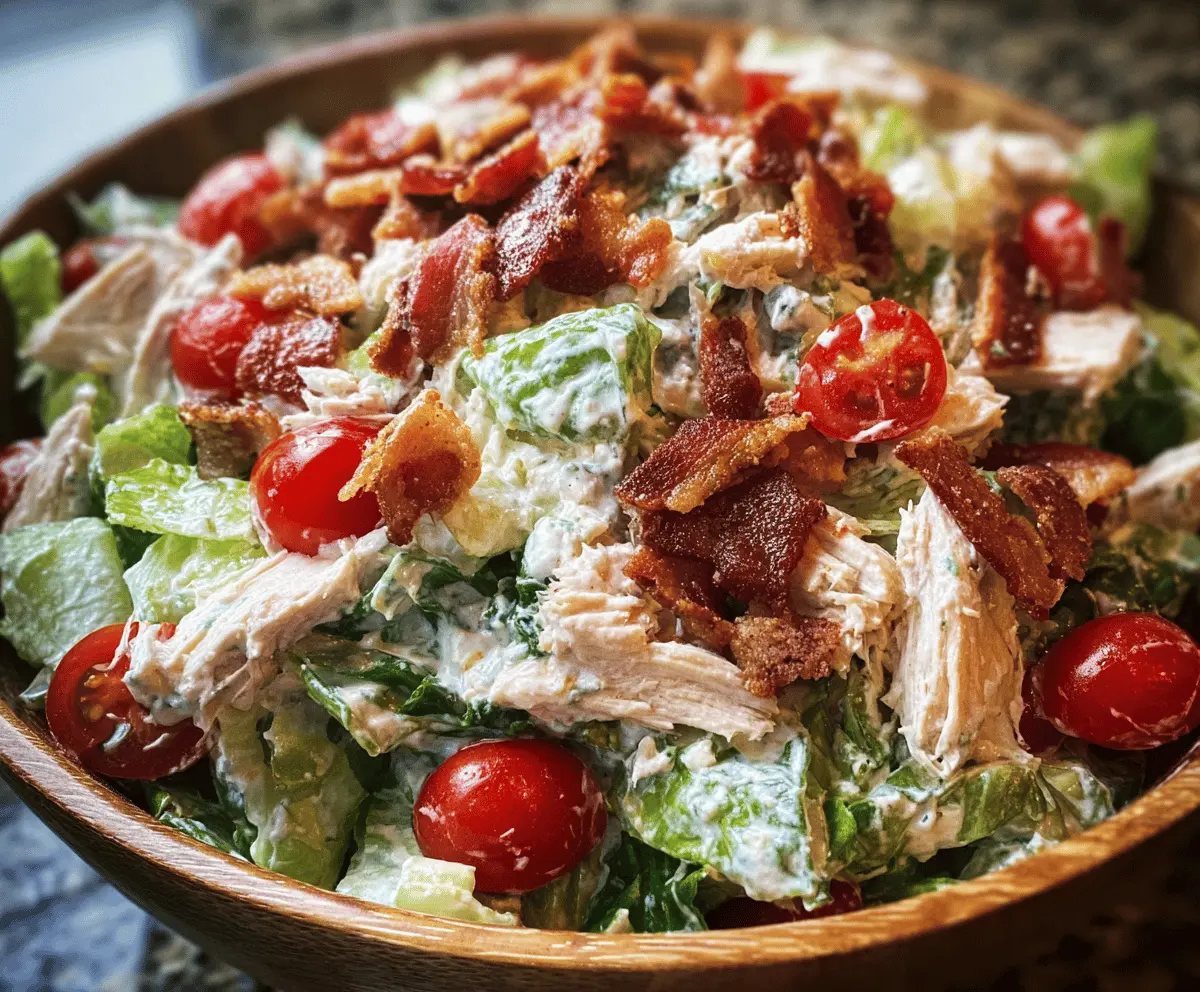 Delicious BLT chicken salad featuring crispy bacon, fresh lettuce, ripe tomatoes, grilled chicken, and creamy dressing on a plate, perfect for a flavorful meal