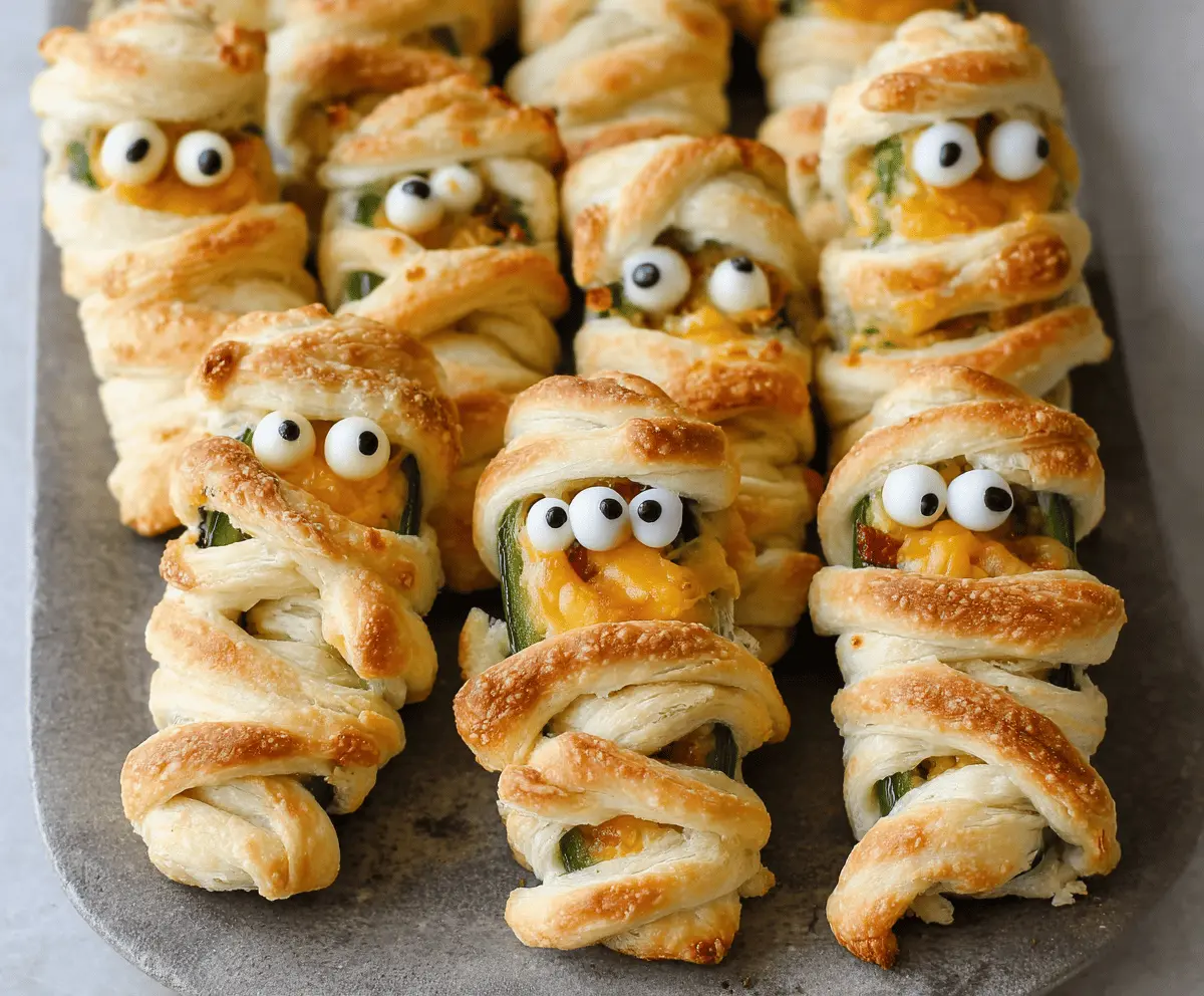 Delicious Jalapeno Popper Mummies on a plate, featuring creamy cheese-filled jalapenos wrapped in spooky mummy-shaped dough for Halloween appetizer.