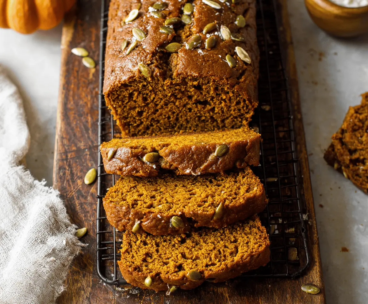 Delicious low calorie pumpkin bread sliced and ready to enjoy, showcasing moist texture and warm fall flavors.