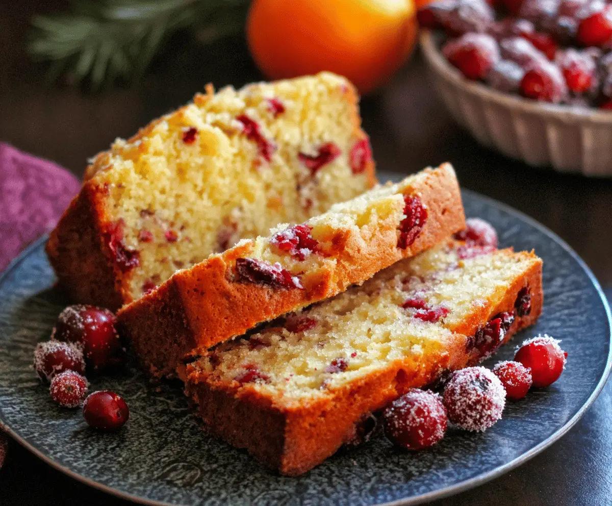 Slice of moist orange cranberry bread with fresh cranberries and orange zest on a rustic wooden table, perfect for breakfast or holiday desserts.