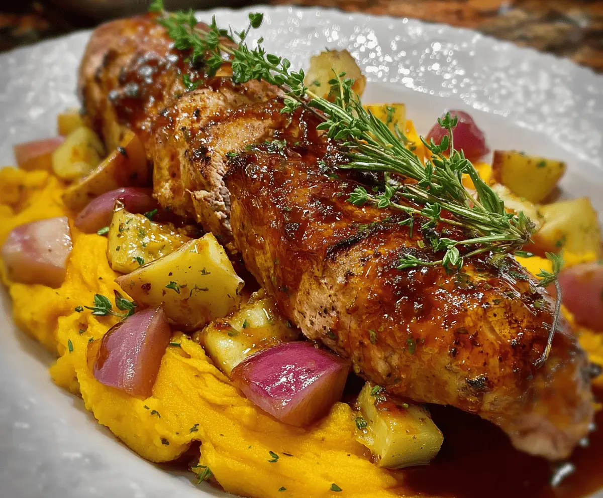 Delicious pork tenderloin with apple cider glaze served with creamy sweet potato mash, perfect for a fall flavor feast.