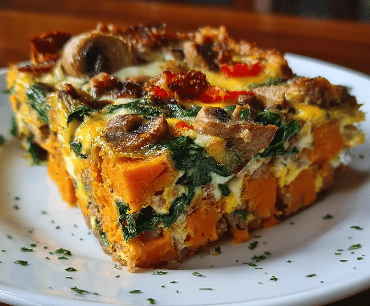Delicious protein-packed sweet potato egg casserole topped with fresh herbs and melted cheese, served in a baking dish.
