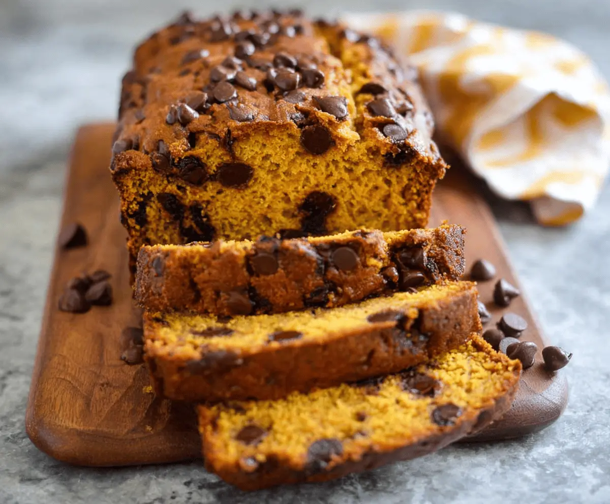 Delicious homemade pumpkin chocolate chip bread sliced with a golden crust and chocolate chips, perfect for fall baking