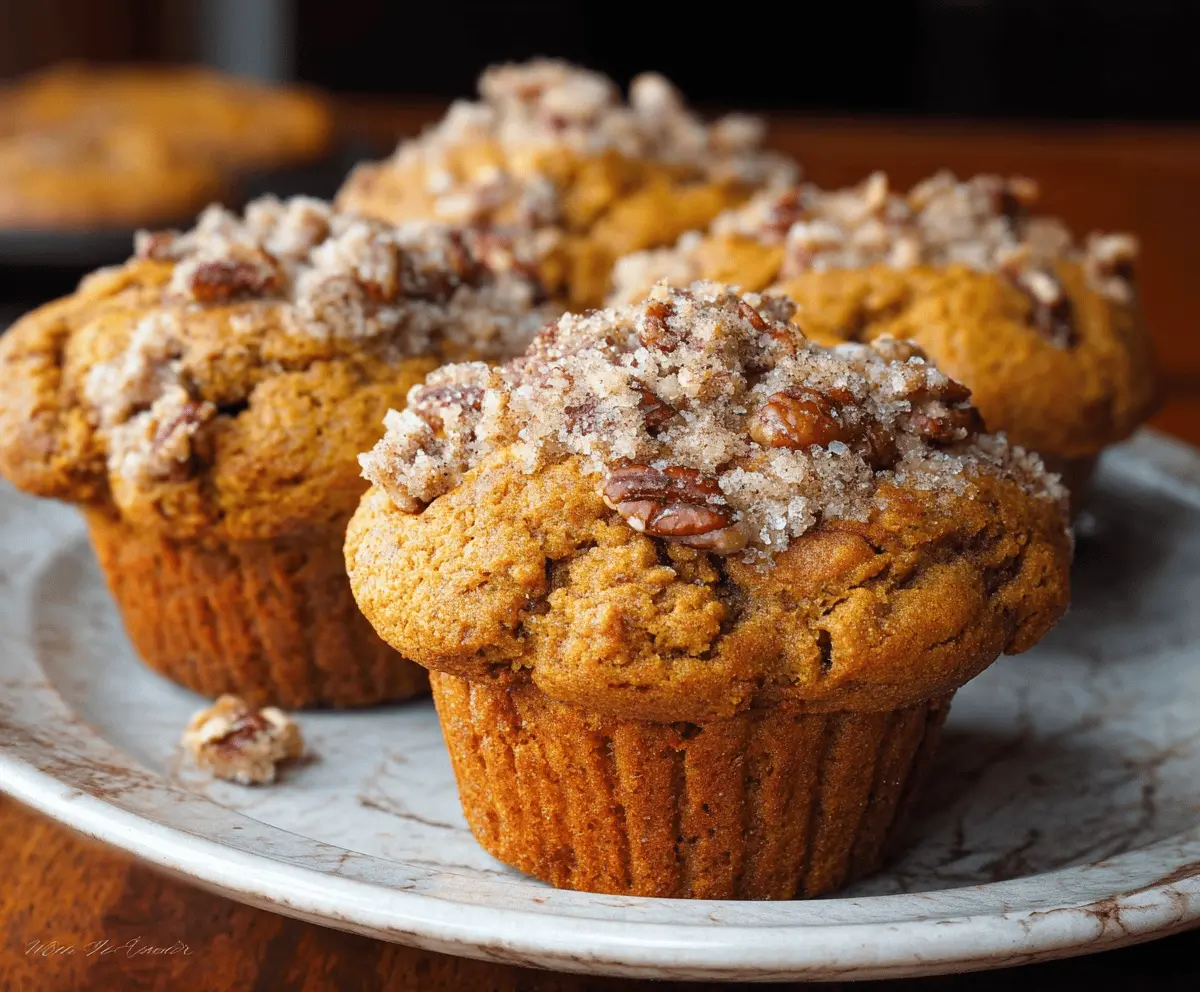 Delicious homemade pumpkin pecan muffins topped with chopped pecans and a dusting of cinnamon, perfect for fall breakfast or snack.