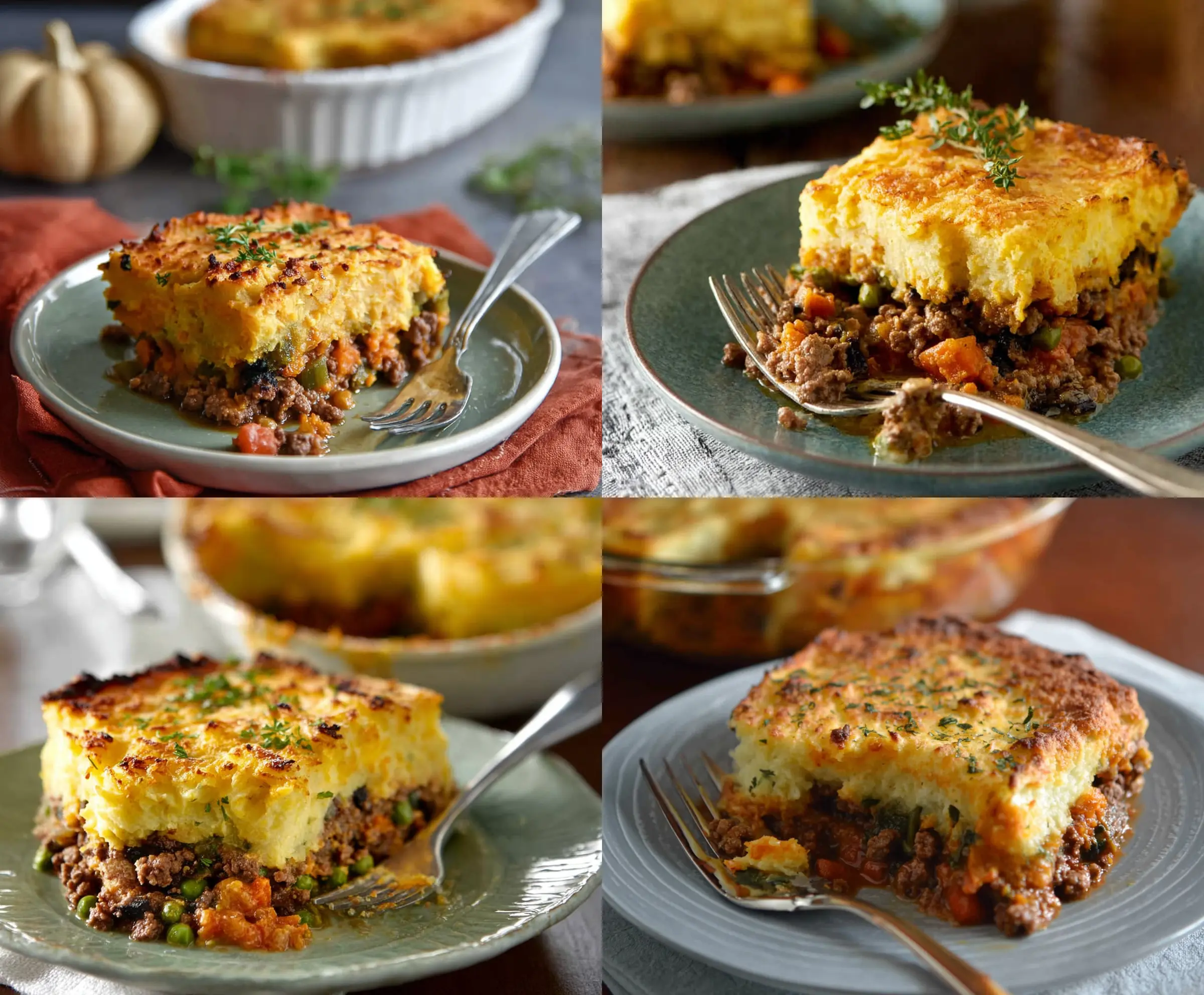 Delicious Pumpkin Shepherd’s Pie topped with golden mashed potatoes and fresh herbs, served in a rustic baking dish