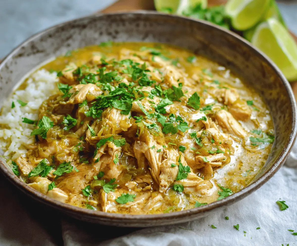 Creamy shredded chicken cooked with green chiles in a slow cooker, perfect for tacos, burritos, or rice bowls.