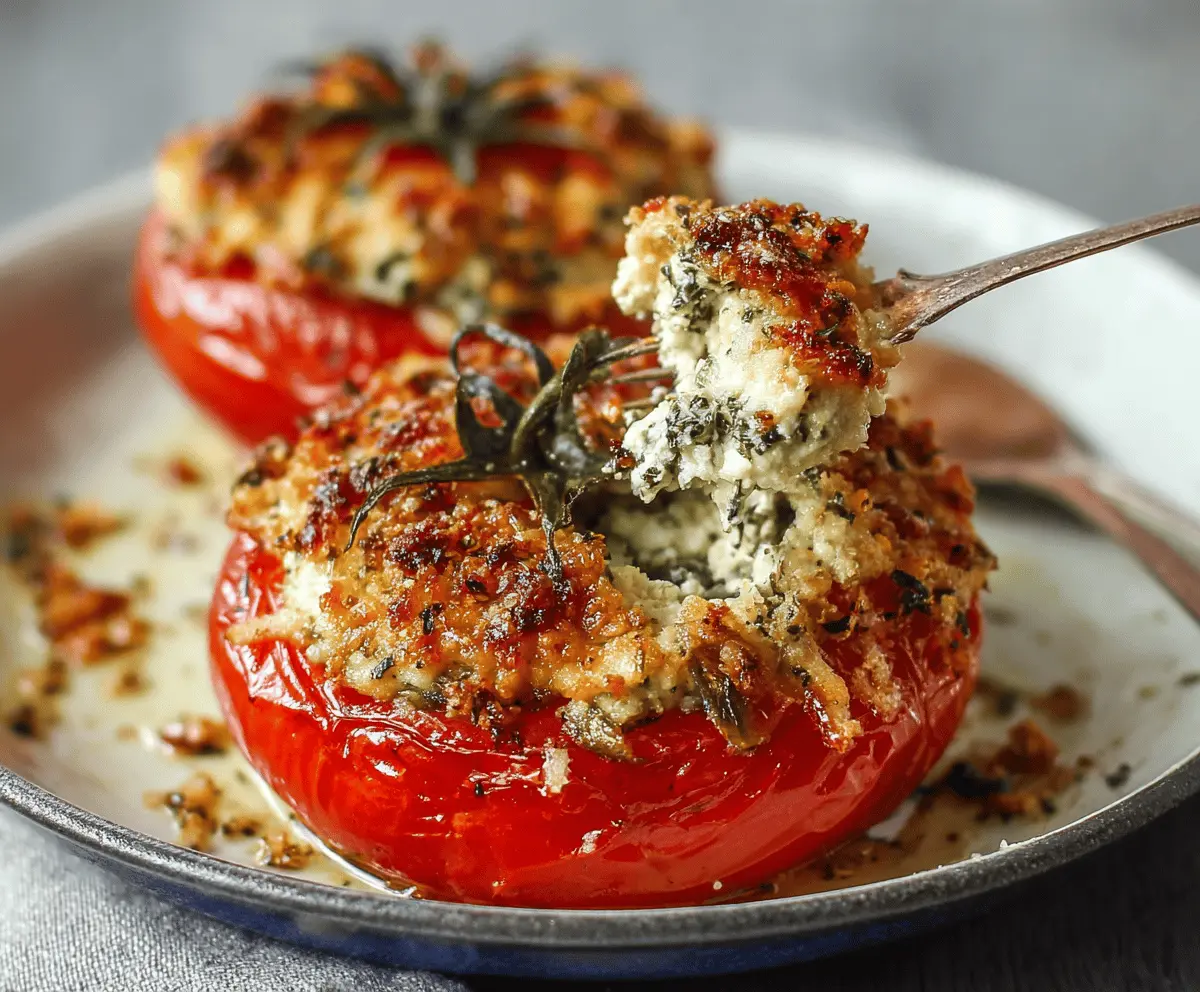 Creamy ricotta and fresh herbs stuffed in ripe slow-roasted tomatoes, perfect for a savory appetizer or side dish.