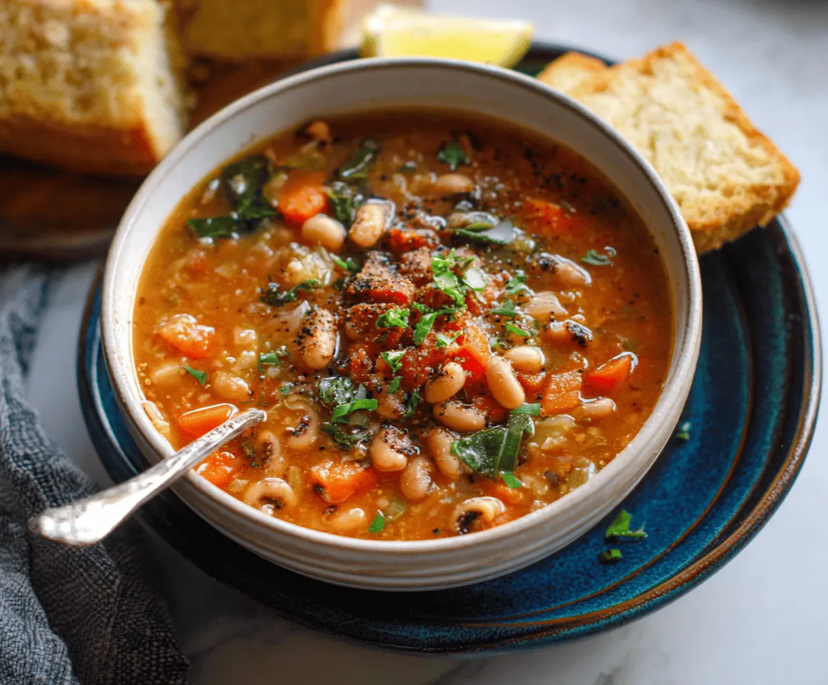 Creamy and hearty smoky black-eyed pea soup garnished with fresh herbs, served in a rustic bowl, perfect for a comforting vegetarian meal.