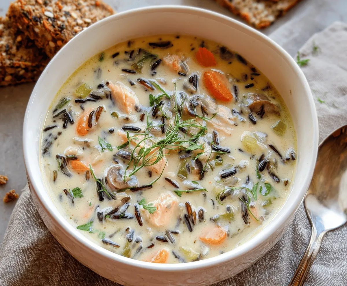A bowl of creamy wild rice soup garnished with fresh herbs, showcasing a rich and hearty texture perfect for cozy comfort meals.