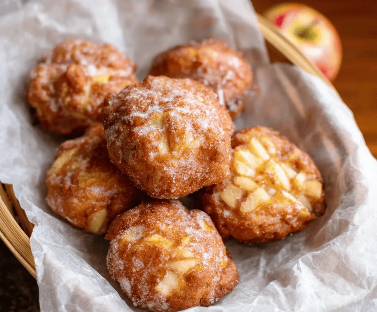 Delicious warm baked apple fritters topped with cinnamon sugar, served on a rustic plate, perfect for breakfast or snack