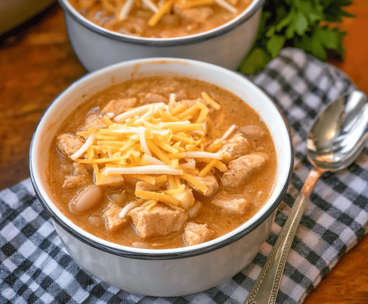 Creamy white cheddar and fresh apple chicken chili served in a bowl, garnished with chopped herbs and sliced apples, perfect for a comforting and flavorful meal.