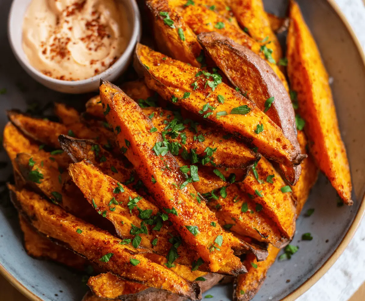 Crispy air fryer sweet potato fries served with a savory dipping sauce on a modern plate