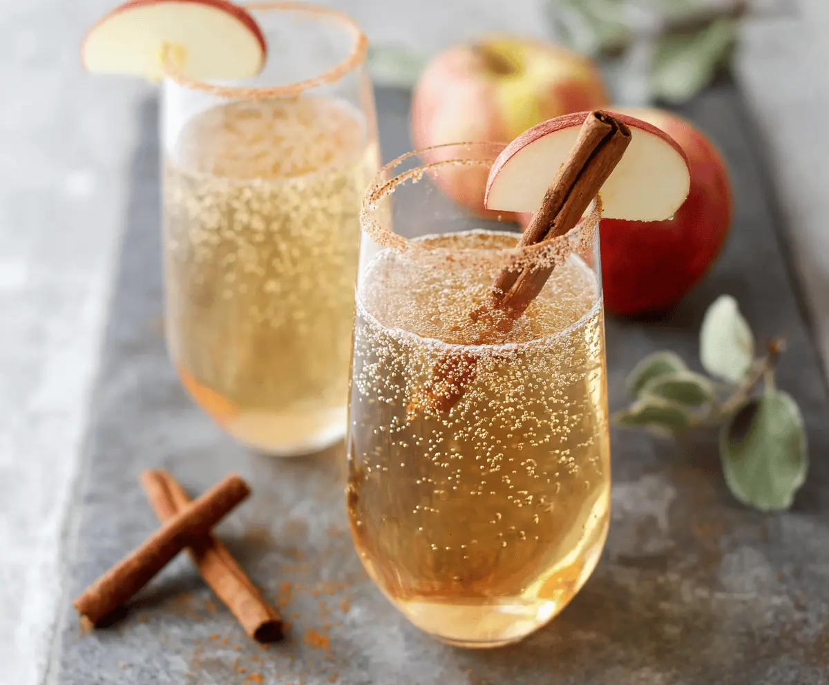 A refreshing Apple Cider Champagne Cocktail garnished with apple slices and mint leaves in a flute glass, perfect for celebrating fall and special occasions.