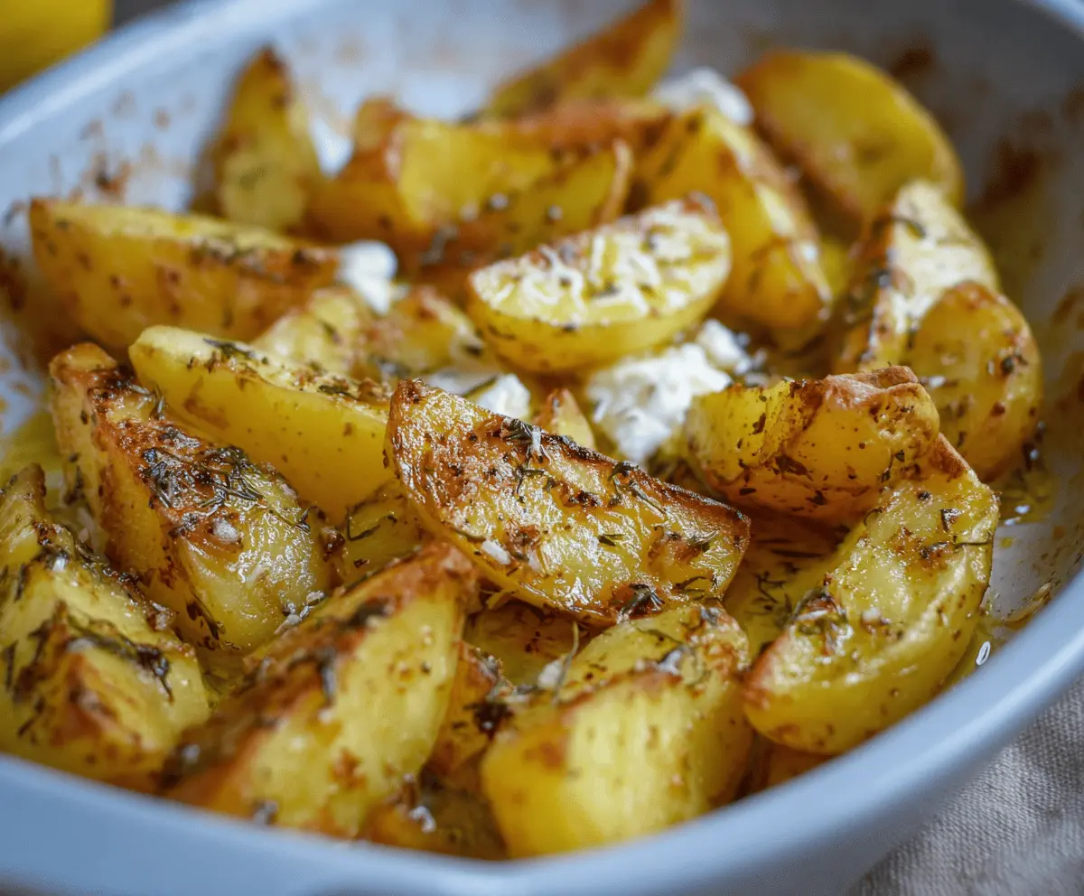 Delicious authentic Greek potatoes roasted to perfection with herbs and olive oil.