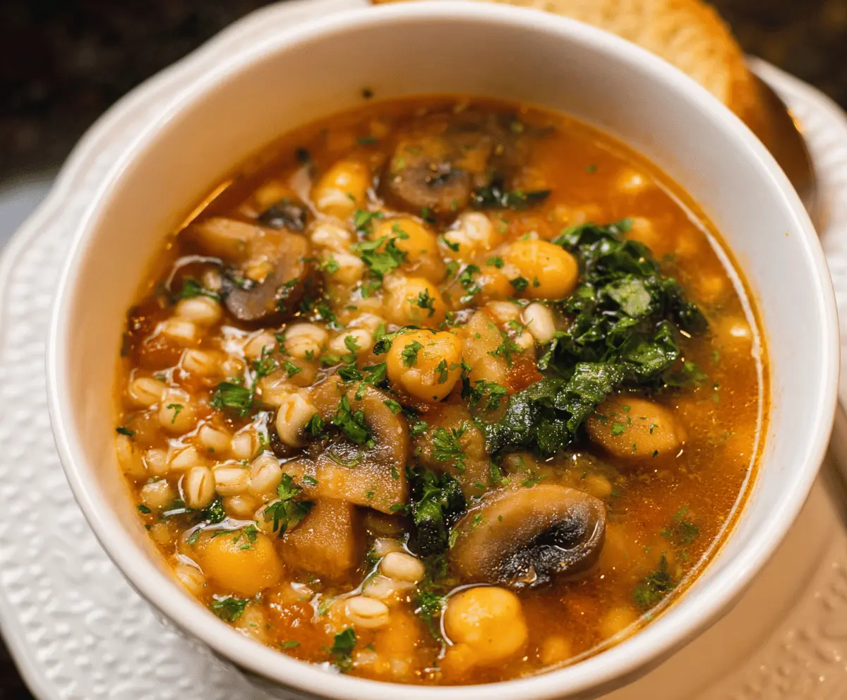 Hearty barley soup with chickpeas, mushrooms, and kale in a bowl.