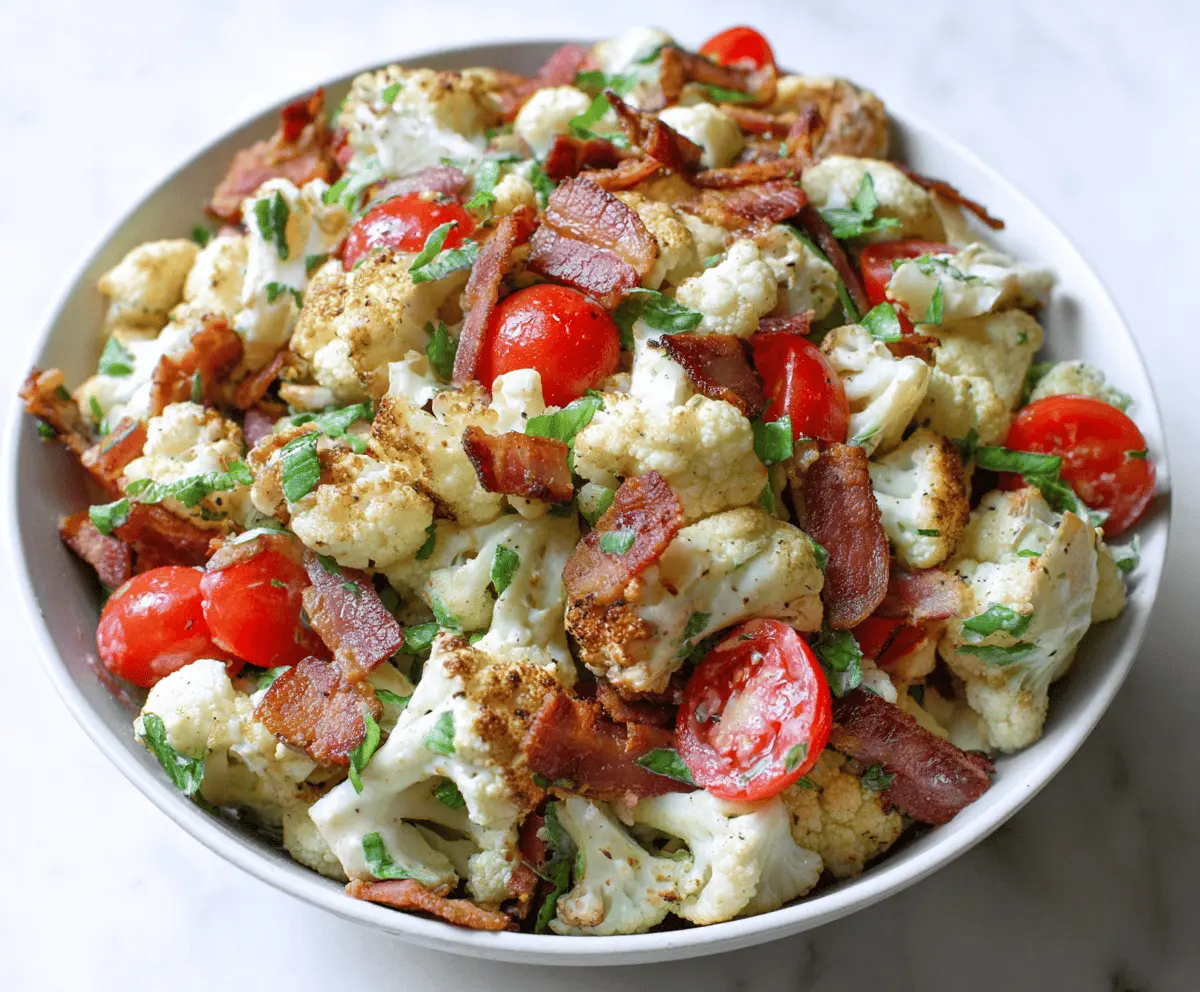 Fresh BLT Cauliflower Salad with crispy bacon, cherry tomatoes, and leafy greens topped with creamy dressing