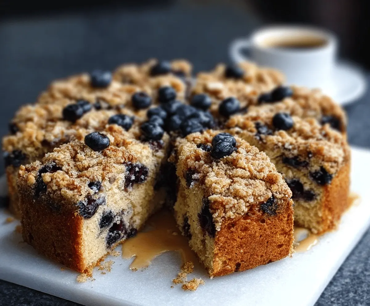 Delicious Blueberry Streusel Coffee Cake topped with fresh blueberries and crumbly streusel.
