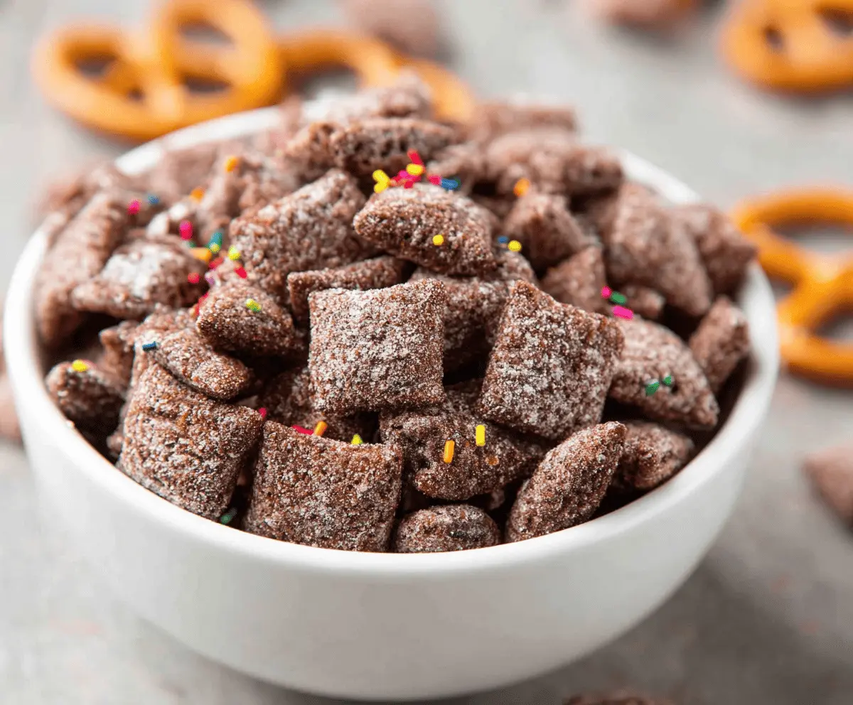 Delicious Brownie Batter Puppy Chow with chocolate and powdered sugar coating.