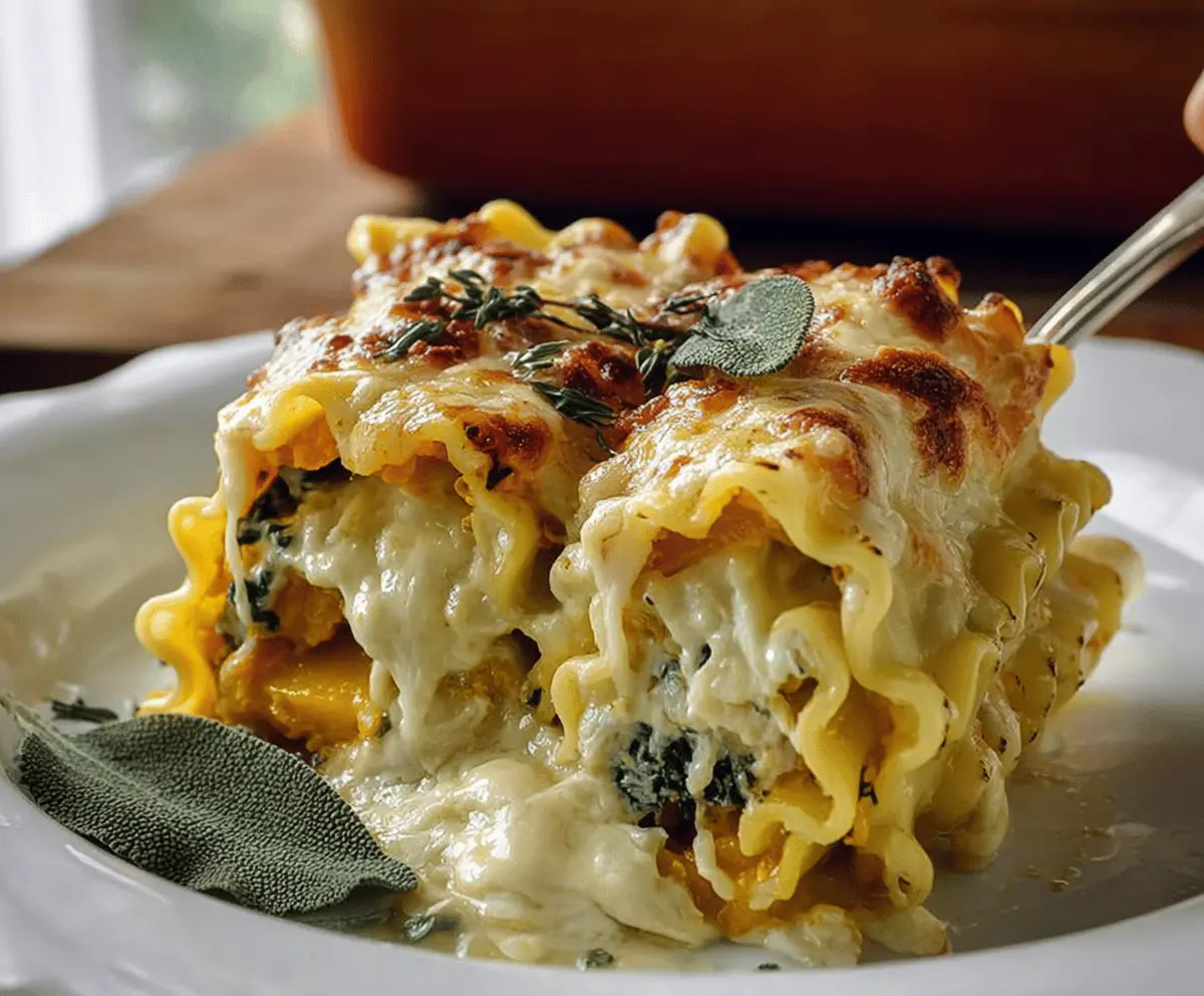 Creamy butternut squash lasagna roll-ups filled with ricotta cheese, topped with melted cheese and herbs, served as a delicious baked pasta dish.