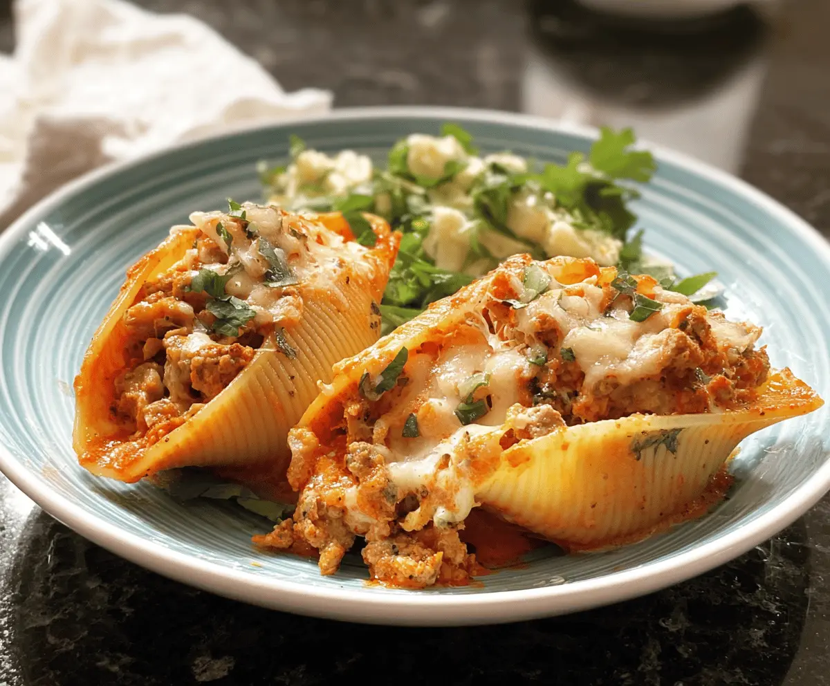 Creamy baked butternut squash and sausage stuffed pasta shells garnished with herbs, perfect for a flavorful and hearty dinner.