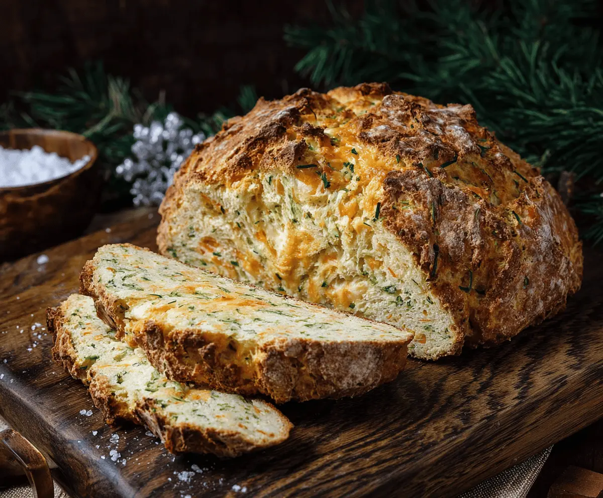 Golden homemade cheddar and herb soda bread topped with fresh herbs, perfect for breakfast or side dishes.