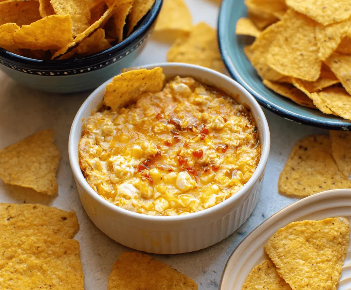 Delicious cheesy hot honey corn dip served in a bowl with corn chips, garnished with herbs, perfect for snacking or parties